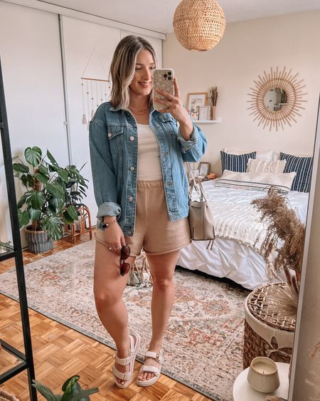 Comfy summer outfit - comfy loungewear shorts (size L), white tank top (size M), Amazon denim jacket (size M), and Steve Madden Velcro sandals (go up half a size)

Casual ootd, Amazon fashion finds


#LTKSeasonal #LTKunder100 #LTKstyletip