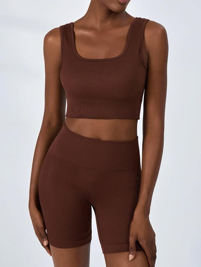 2pcs Seamless High Stretch Running Suit Work Out Set Ribbed Bra Wide Waistband Biker Shorts | SHEIN