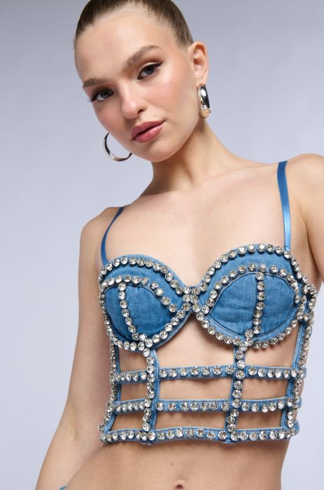ALL ABOUT ME RHINESTONE DENIM CORSET TOP | AKIRA