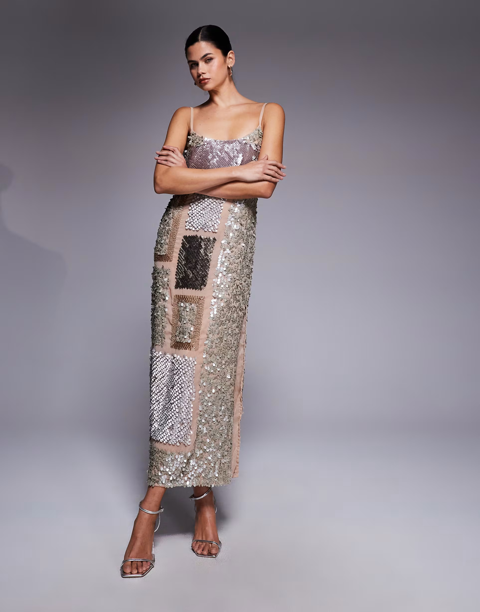 ASOS DESIGN mixed embellishments semi sheer cami midaxi dress in beige | ASOS (Global)