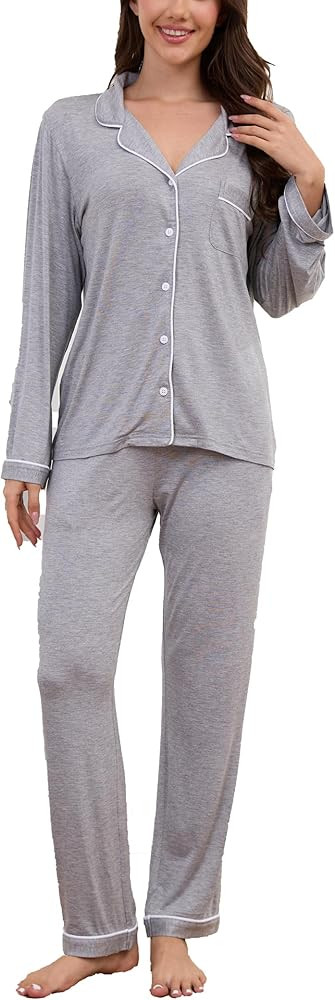 Button Up Pajamas for Women Long Sleeve Sleepwear Soft Loungewear Ladies Pjs Set XS-XXL | Amazon (US)