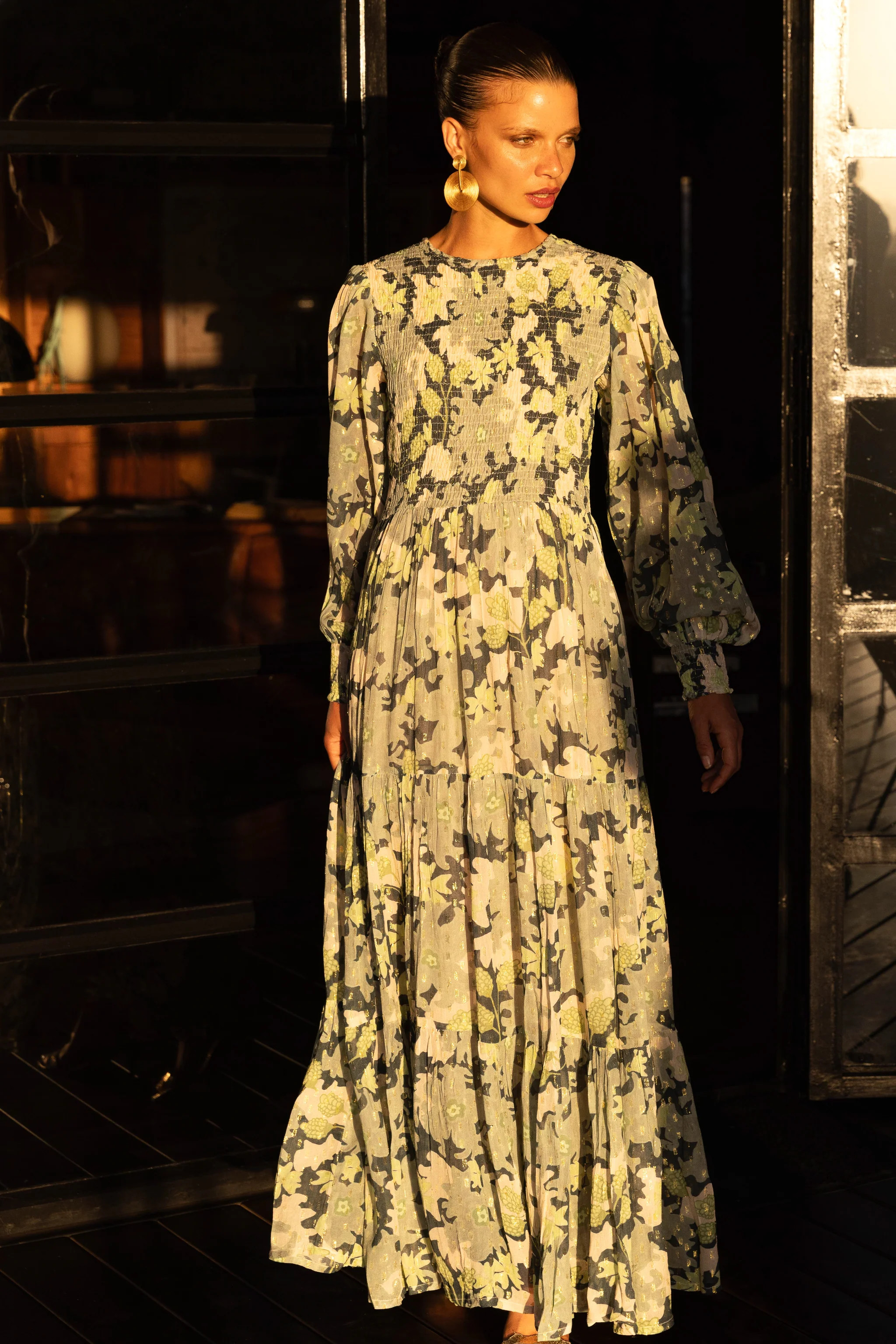 Smocked Top Maxi- Suzani Charcoal | Oliphant Design