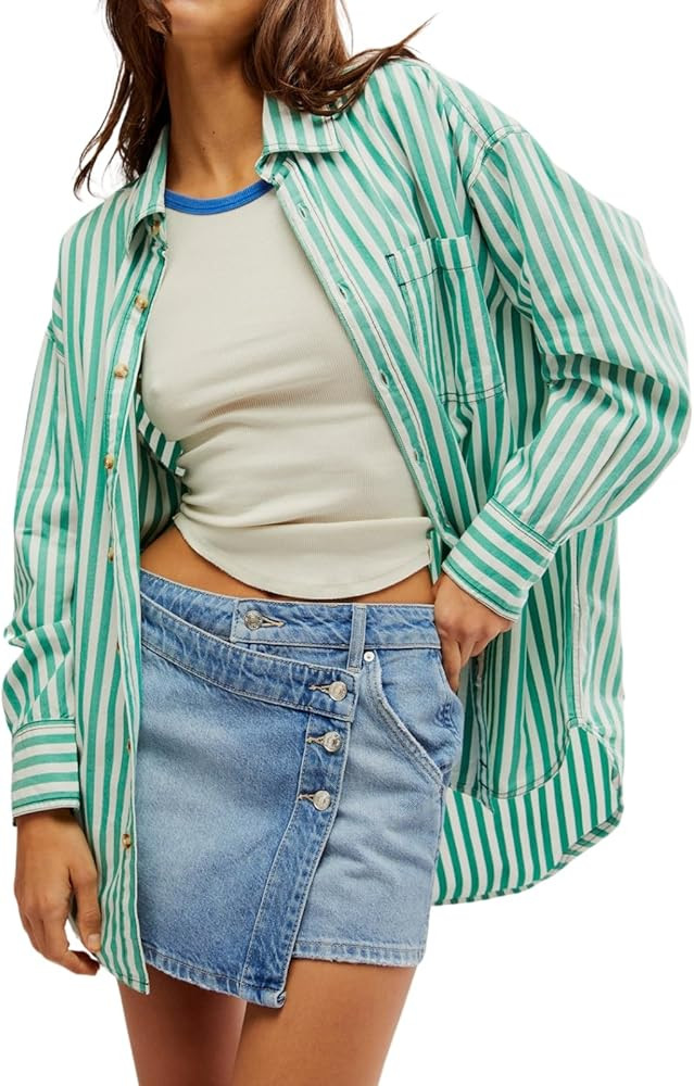 Women Long Sleeve Striped Button Down Shirt Collared Neck Oversized Casual Blouse Top with Pocket... | Amazon (US)