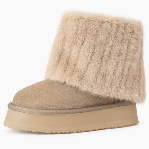 Pasuot Platform Fur Boots for Women - Genuine Cow Suede Platform Furry Faux Fur Boots, Fuzzy Fleece Lined Ankle Boots, Warm Winter Classic Short Mini Bootie for Indoor Outdoor, Anti-slip Sole, 8.5 | Amazon (US)