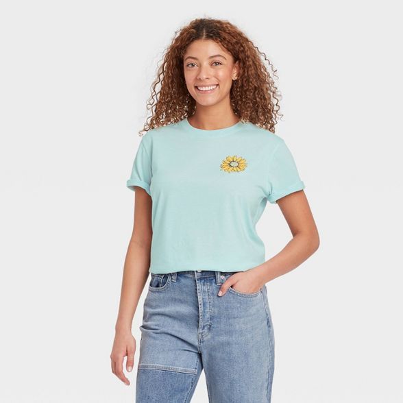 Women's Peace Sign Short Sleeve Graphic Boyfriend T-Shirt - Light Blue Floral | Target