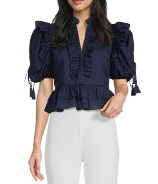 Woven Ruffle Split V-Neck Short Bubble Sleeve Cropped Flounce Blouse | Dillard's