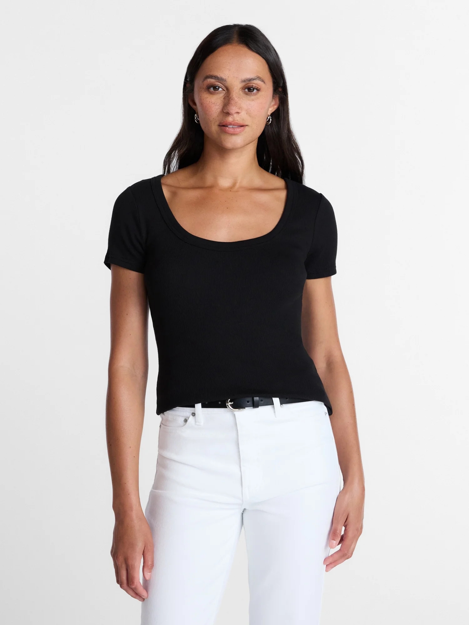 Time and Tru Women's Ribbed Scoop Neck Tee with Short Sleeves, Sizes XS-XXXL | Walmart (US)