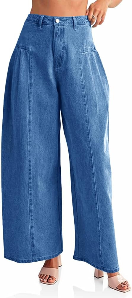 PLNOTME Womens Baggy High Waisted Jeans Loose Boyfriend Wide Leg Side Pleated Denim Pants | Amazon (US)