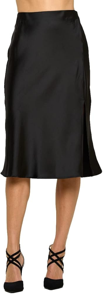 Women Solid High Waist Silky Casual Elastic Satin Midi Slit Skirt - Made in USA | Amazon (US)