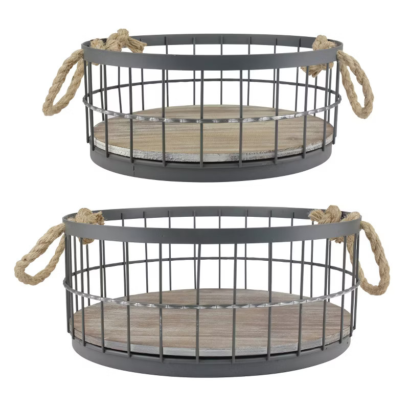 Set of 2 Round Metal Wire Cage and Wood Decorative Baskets with Handles - Stonebriar | Target