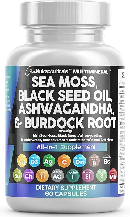 Clean Nutraceuticals Sea Moss Black Seed Oil Ashwagandha Turmeric Bladderwrack Burdock & Vitamin ... | Amazon (US)