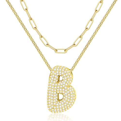 Turandoss Bubble Letter Necklace for Women - 18K Real Gold Plated Layered Balloon Cubic Zirconia Letter B Pendant Necklace Paperclip Chain Choker Necklace Gold Necklace Jewelry for Women Gifts | Amazon (US)