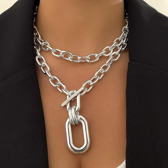 Amazon.com: Rumtock 2pcs Silver Layered Chunky Chain Choker Necklace with Toggle Clasp Rectangle Ova | Amazon (US)