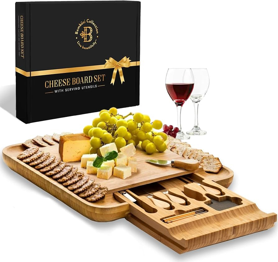 Premium Bamboo Cheese Board: Large Charcuterie Boards Set Including 4 Stainless Steel Knife & Win... | Amazon (US)