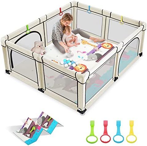 Baby Playpen with Mat, ALVOD 71x59 inches Extra Large Playpen for Babies and Toddlers with Doors, Be | Amazon (US)