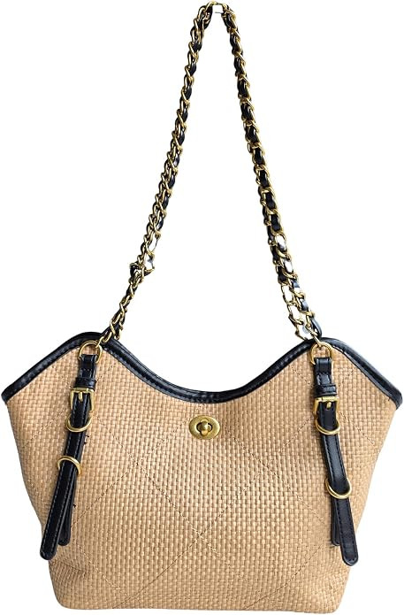 Braided Raffia Small Shopping Bag, Luxury Woven Straw Tote with Black Leather Trim and Gold-Tone ... | Amazon (US)