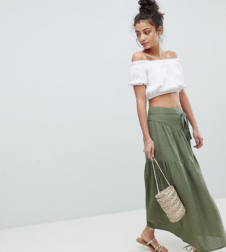 ASOS TALL Maxi Skirt with Tie Belt in Grid Texture - Green | ASOS US