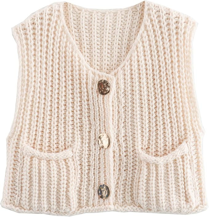 Womens Crop Knit Sweater Vest Top Gold Button Down Crochet Vest Sleeveless Chunky Sweater Cardiga... | Amazon (US)