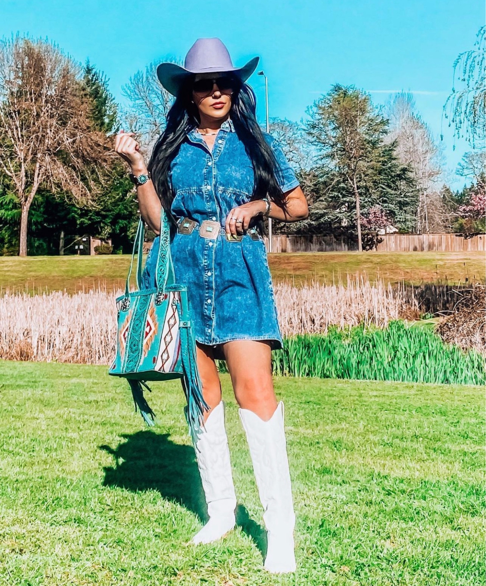 Western fashion, denim dress, western dress, cowgirl style, cowgirl boots, native bag, Navajo jewelry, cowgirl hat 

#LTKSeasonal #LTKstyletip #LTKshoecrush
