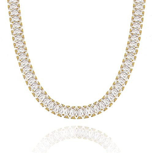 KissYan Gold Tennis Necklace for Women, 14K Gold Plated Cubic Zirconia Baguette Tennis Chain Paperclip Link Cuban Choker Dainty Jewelry Gifts(White) | Amazon (US)