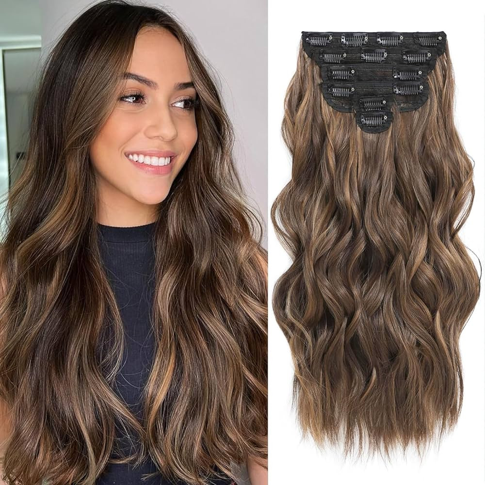 Fliace Clip in Long Wavy Synthetic Hair Extensions 20 Inch Brown with Caramel Highlights 6PCS Thi... | Amazon (US)