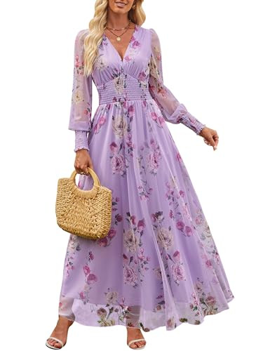 ANRABESS Women's Floral Maxi Dress 2025 Fall V Neck Puff Long Sleeve Flowy Casual Wedding Guest T... | Amazon (US)