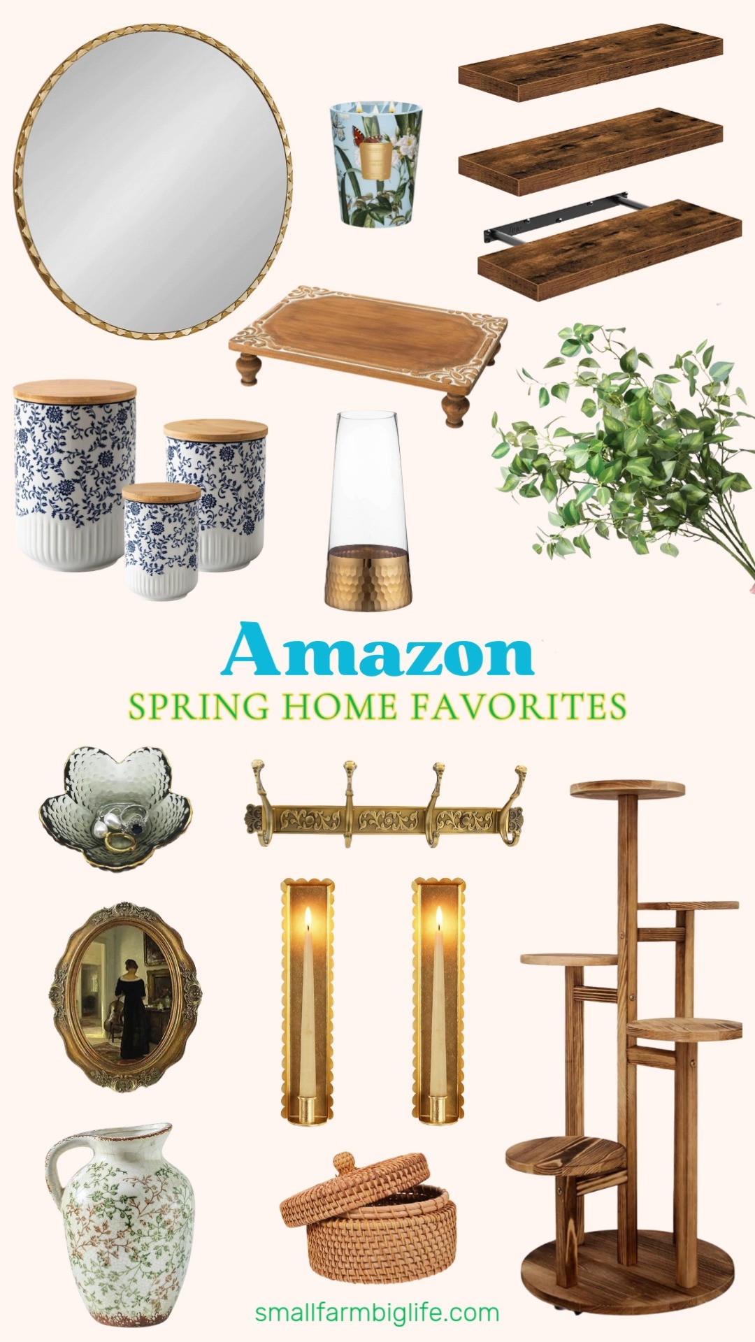 Amazon Spring Home Favorites 🌸
Freshen up your space with warm wood tones, soft florals, and touches of brass that instantly make a home feel styled but still cozy. From a round scalloped brass mirror and brass wall sconces to blue and white floral canisters, faux greenery stems, and a vintage floral pitcher, these pieces are perfect for easy spring refreshes. Saving this one for shelf styling, coffee tables, and those little details that make a house feel collected 🤍 

 #LTKHome