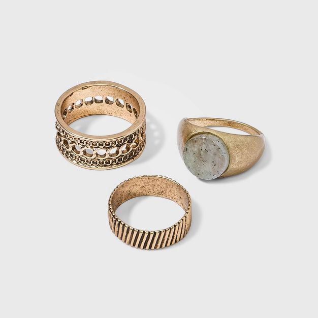 Round Semi-Precious Labradorite Stone Inlay Ring Set 3pc - Universal Thread™ Dark Gold | Target