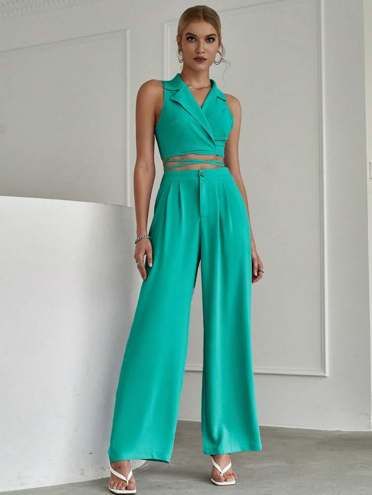 Sollinarry Crisscross Tie Back Crop Top & Wide Leg Pants Set | SHEIN