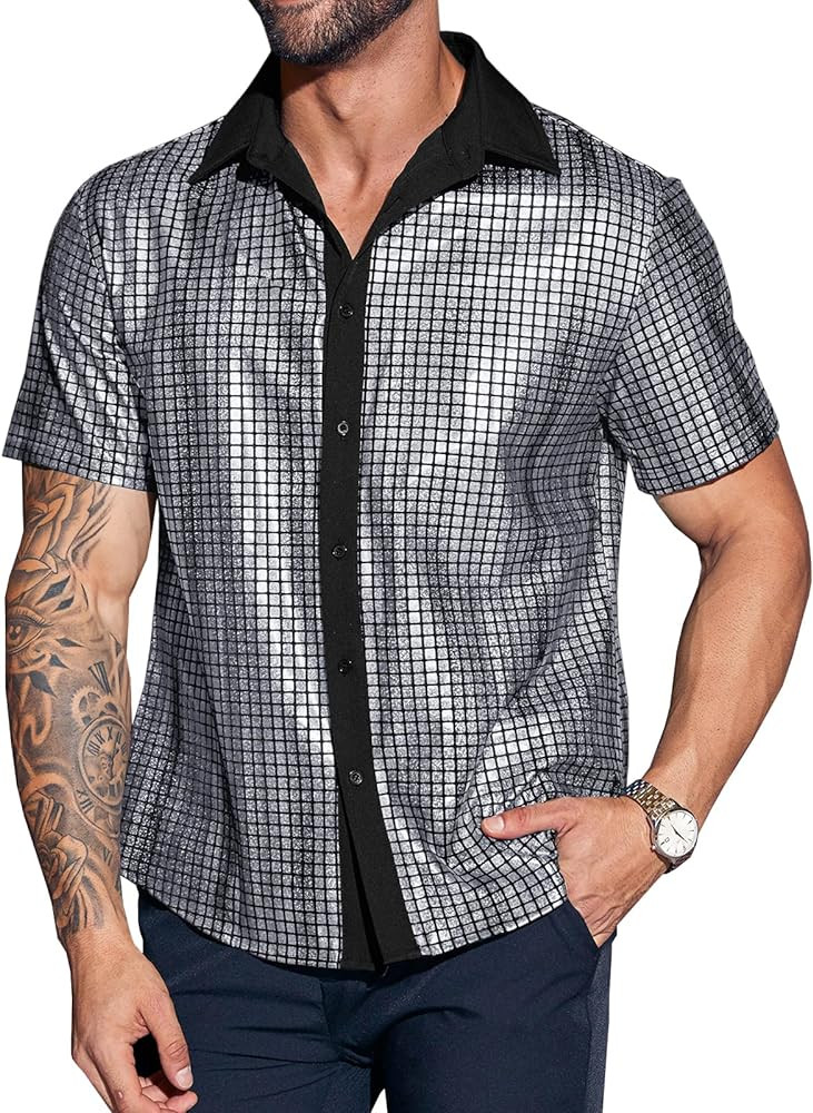 Runcati Mens Disco Shirt 70s Shirts Short Sleeve Button Down Vintage Sequin Metallic Disco Outfit... | Amazon (US)