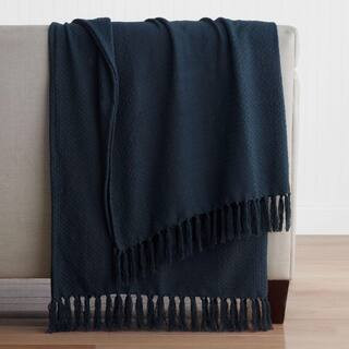 Company Cotton Textured Stripe Dark Blue Throw Blanket | The Home Depot