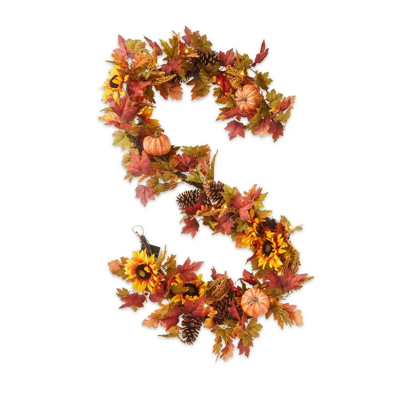 Way to Celebrate! 9ft Pre-Lit Fall Garland, Orange Sunflower and Maple Leaf Mix, for Fall Decorat... | Walmart (US)