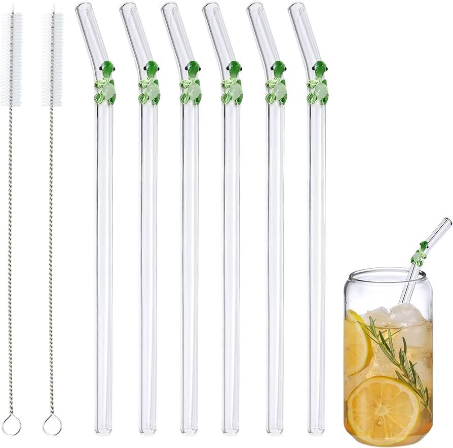 6 Pcs Glass Straws Shatter Resistant,Cute Green Turtle on Clear Straws With Design 7.9in X 8mm Re... | Amazon (US)