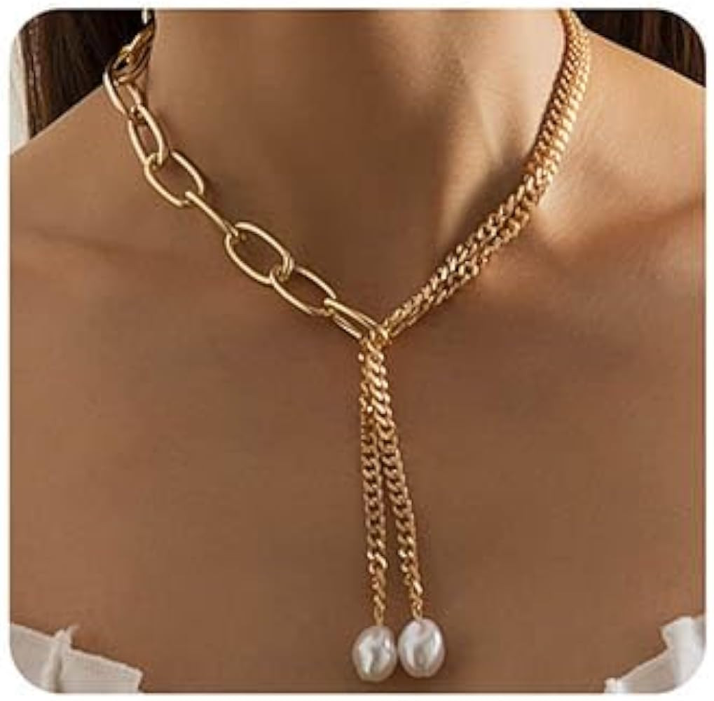 Dainty Gold Paperclip Chain Necklaces Pearl Pendant Chokers Y2K Necklaces Accessories for Women G... | Amazon (US)