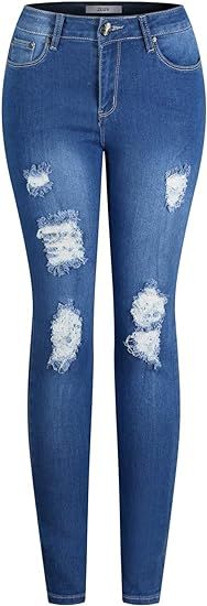 2LUV Women's Stretchy 5 Pocket Destroyed Dark Denim Skinny JeansÂ | Amazon (US)