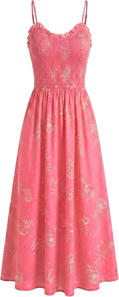 Flowy Vacation Sundress with Pockets, Elastic Smocked Casual Sleeveless Backless Hawaii Dresses | Amazon (US)