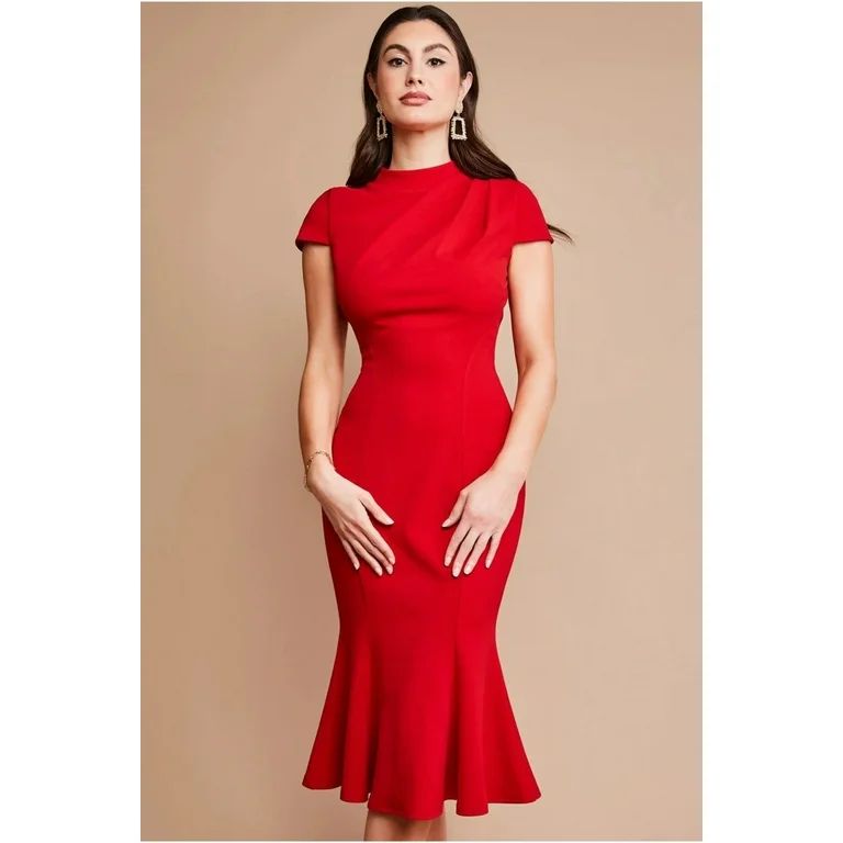 Pleated Shoulder High Neck Midi Dress Red / 6 | Walmart (US)