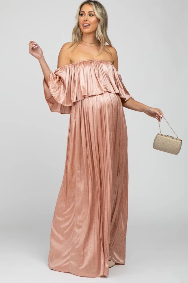 Pink Shimmer Off Shoulder Pleated Maternity Maxi Dress | PinkBlush Maternity