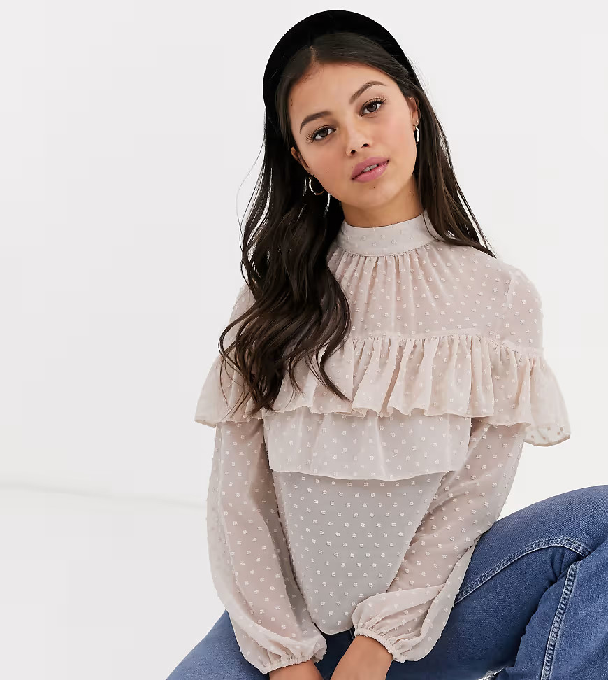 Miss Selfridge Petite tiered mesh blouse in pink-Beige | ASOS (Global)