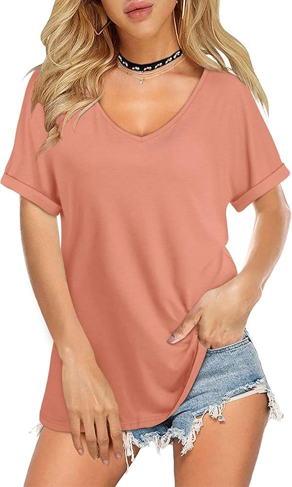 Womens V Neck Tshirts Short Sleeve Casual Tops Loose Fit | Amazon (US)