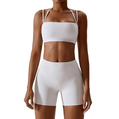 IMEKIS Workout Sets for Women 2 Piece Yoga Outfit: Tracksuits High Waisted Running Biker Shorts with Sport Bra Shirt Exercise Clothes Athletic Gym Sets Matching Active Wear B - White Small | Amazon (US)
