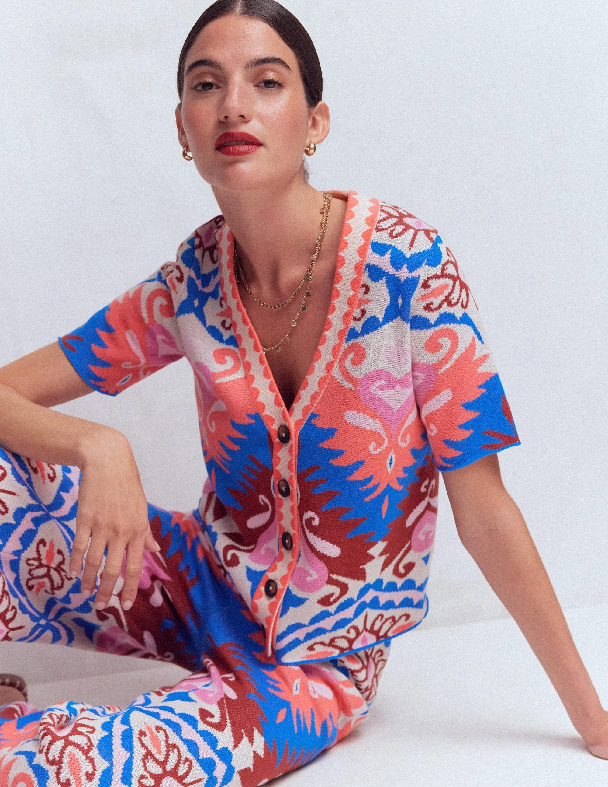 Short Sleeve Jacquard Cardigan-Aztec | Boden (US)