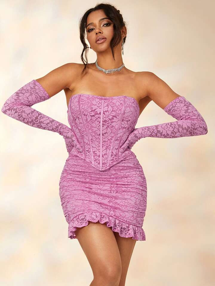 Lace Ruffle Hem Detail Glove Bandeau Bodycon Mini Dress | SHEIN