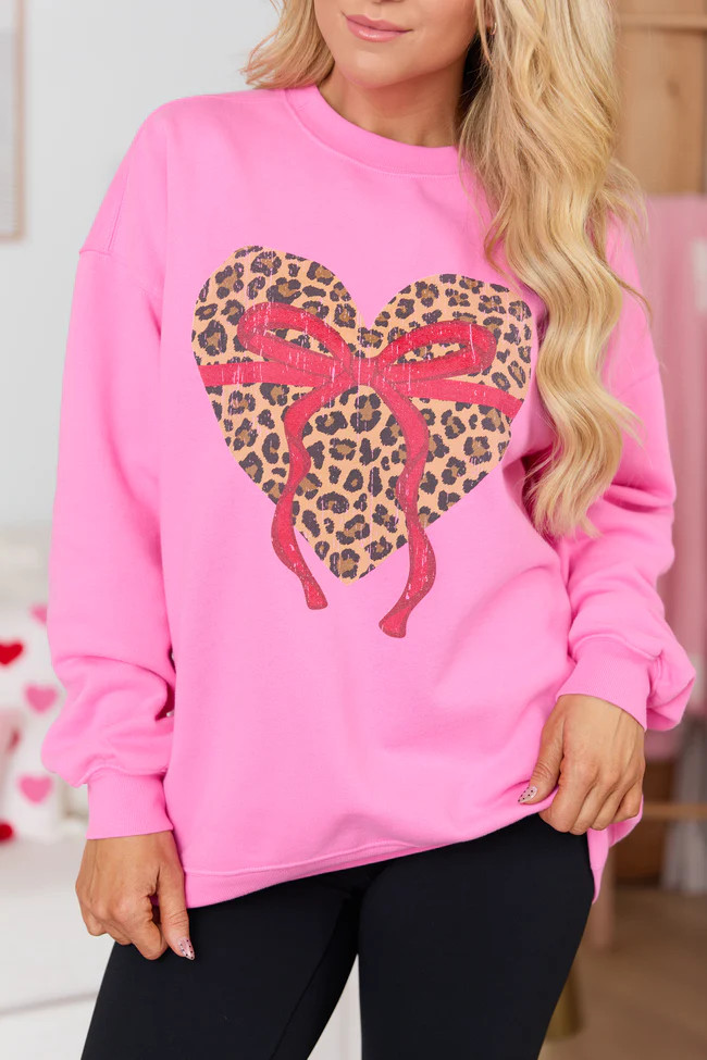 Leopard Heart Red Bow Pink Graphic Sweatshirt | Pink Lily