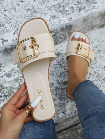 Women Buckle Decor Stitch Detail Slide Sandals, Elegant Beige Outdoor Flat Sandals | SHEIN