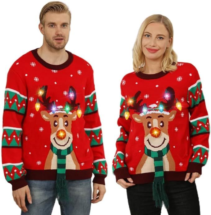 Ugly Christmas Sweaters for Women 2023 Men,Light Up Christmas Sweater,Funny Reindeer Unisex Red X... | Amazon (US)