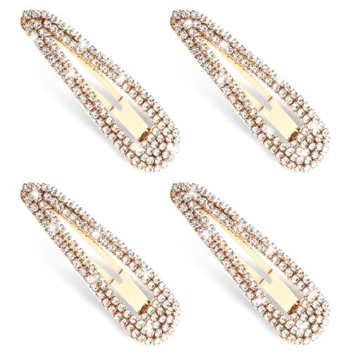4 PCS Rhinestone Hair Clips, Water Drop Crystal Hair Barrettes Bling Metal Snap Duckbill Hairpins Hair Pin for Women Bridal, Wedding, Party, Prom 2.36 Inch, Gold | Amazon (US)
