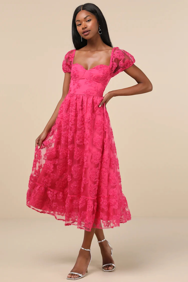 Notable Elegance Fuchsia Mesh Floral Applique Bustier Midi Dress | Lulus
