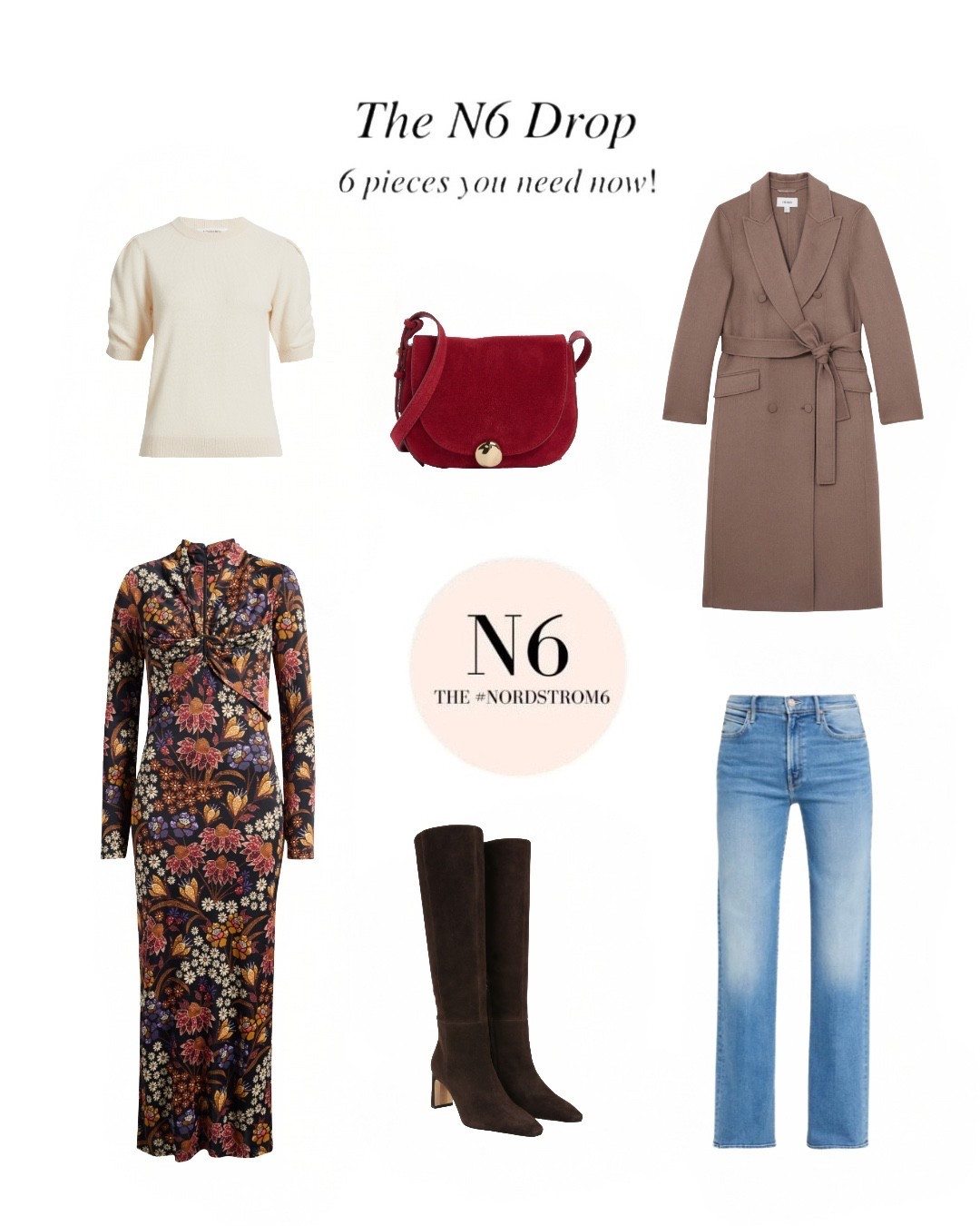 Here it is-the December Nordstrom Drop: six pieces chosen by a group of experienced fashion stylists! These fresh pieces will add style to every woman’s closet this December! 

This short sleeve sweater by Nordstrom looks like Frame (for much less). The 
body-con dress from Farm Rio is incredibly versatile. There’s a new wash in this popular Mother style. Suede boots are essential this season. Love these from Sam Edelman. The belted coat is a beautiful shade of milk chocolate. The red crossbody from Madewell adds a colorful punch to the look! 