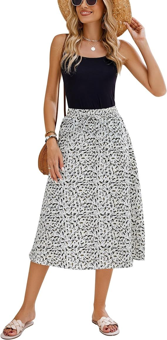 Bluetime Women Floral Print Midi Skirts Chiffon Summer Beach Pleated Elastic High Waisted A Line ... | Amazon (US)